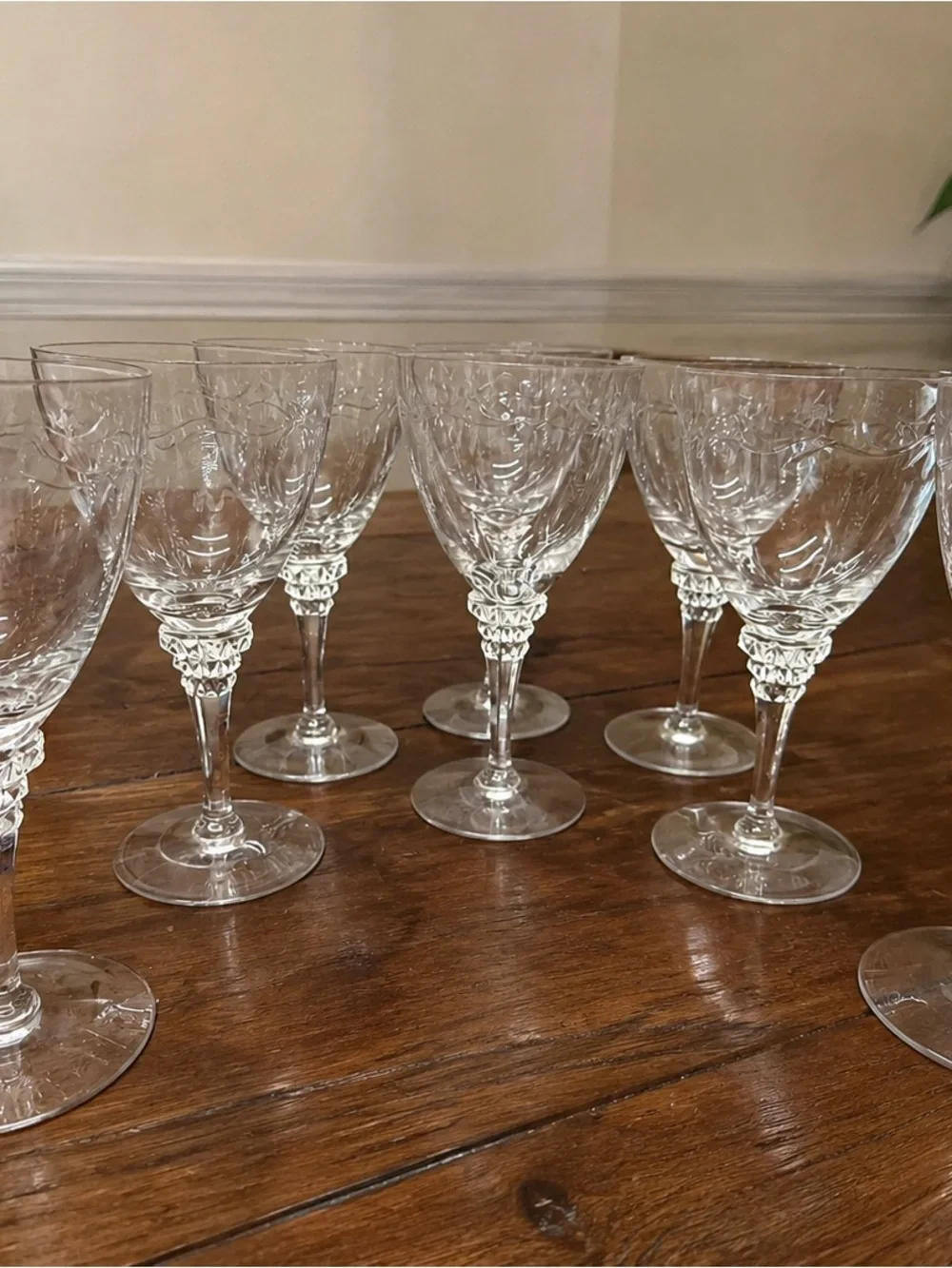 Vintage Clear Etched Crystal Wine Goblets Set of 8 Diamond Stem Scroll Pattern
